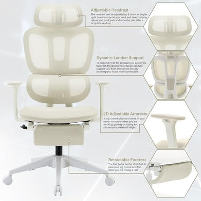Ergonomic Office Chair with Retractable Footrest, Cream | High Back Design, Dynamic Lumbar Support, 2D Headrest & 2D Armrests, Breathable Mesh Back for Home Office - color: Cream