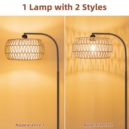 Brilvibera Rattan Standing Lamp with Remote and Dimmable Bulb Bronze | Bronze Arch Floor Lamp, Over Couch Lamp with Foot Switch, Brown Boho Lamp for Living Room, Bedroom, Office, Classroom - style: Drum-Bronze