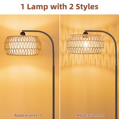 Brilvibera Rattan Standing Lamp with Remote and Dimmable Bulb Bronze | Bronze Arch Floor Lamp, Over Couch Lamp with Foot Switch, Brown Boho Lamp for Living Room, Bedroom, Office, Classroom - style: Drum-Bronze