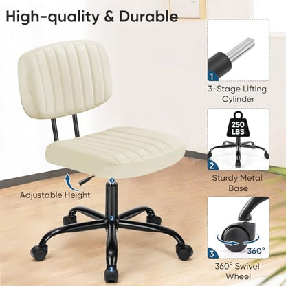 DUMOS Armless Home Office Chair: Small Desk Chair with Low Back Lumbar Support, Height Adjustable PU Leather Computer Task with 360° Swivel Wheels, for Adults, Beige - color: Beige