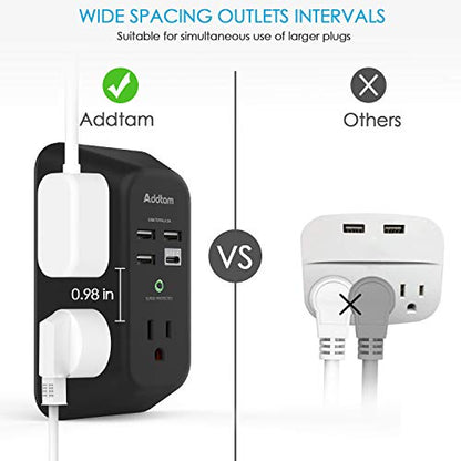 Addtam Surge Protector, Outlet Extender with 5 AC and 4 USB Ports, Black | Multi Plug Wall Outlet, Electric Outlet Splitter, 3-Sided 1800J Power Strip for Home Office Dorm, Easy to Install, Save Space - style: 1C3A No PD