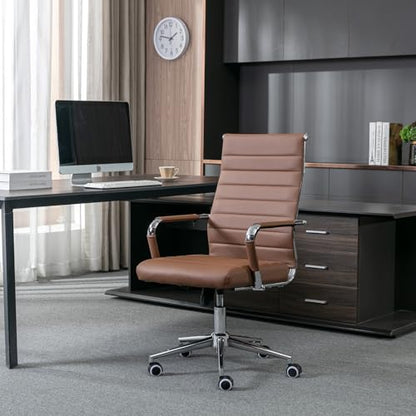 Home Office Chair Ribbed, Modern Leather Conference Waiting Room Chairs,Ergonomic Office Desk Chair, High Back Executive Computer Chair, Adjustable Swivel Chair with Arms,Brown - color: Classic Brown