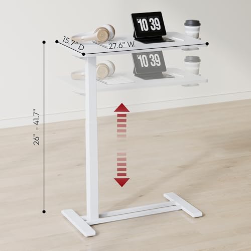 SANODESK 28''Mobile Standing Desk with Hidden Wheels,Pneumatic Laptop Desk | Sofa Computer Cart Movable Height Adjustable Table Small Sit Stand Desk for Home Office Hospital Use,27.6" W x 15.7" D,White - color: White, size: 28x16