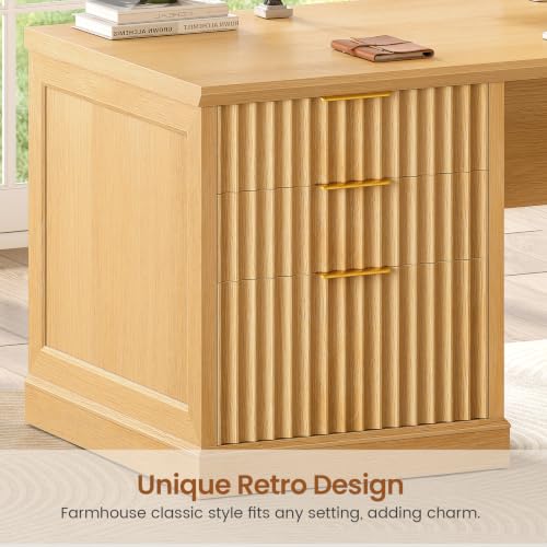 SEDETA Fluted 78.8" L Shaped Desk with 6 Drawers, Fluted Oak - color: Fluted Oak, size: 78.8" L Shaped Desk