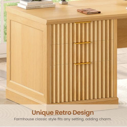 SEDETA Fluted 78.8" L Shaped Desk with 6 Drawers, Fluted Oak - color: Fluted Oak, size: 78.8" L Shaped Desk