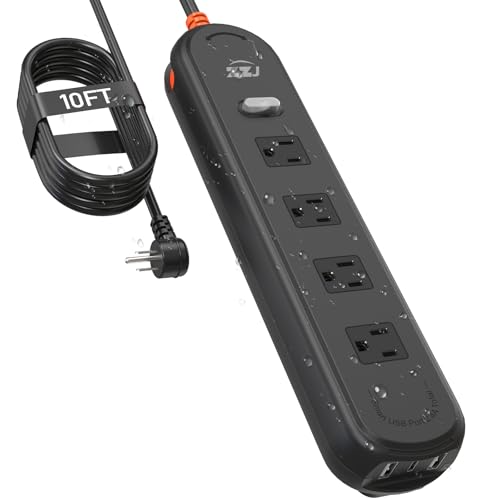 Outdoor Waterproof Power Strip IPX6, 10FT Extension Cord with 4 AC & 3 USB | 1625W/13A, 2 USB A and 1 USB C, Electric Shockproof & Overload Protection, Wall Mountable for Indoor and Outdoor Use - size: 10FT