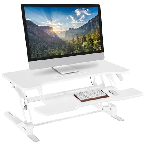 Mount-It! Standing Desk Converter White 38” Wide Height Adjustable Stand Up Desk Riser, Desk Topper with Gas Spring, Desktop Standing Desk with Keyboard Tray Fits Two Monitors - color: White, size: 38 Inches