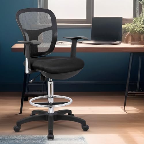 OfficeFactor Drafting Chair Tall Office Chair with Arms Executive Ergonomic Standing Desk Chair with Anti Scratch Wheels and Footrest - color: Black