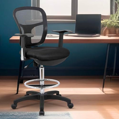 OfficeFactor Drafting Chair Tall Office Chair with Arms Executive Ergonomic Standing Desk Chair with Anti Scratch Wheels and Footrest - color: Black