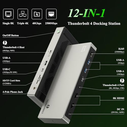 Minthouz Thunderbolt 4 Dock,12-in-1 40Gbps Thunderbolt Dock-Blazing-Fast | Triple 4K Single 8K@60Hz Display,160W Adapter, 2.5G Ethernet, 5xUSB, SD/TF 4.0, 96W Charging for M1-M3 Mac, Dell, HP, Lenovo