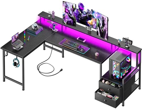 Korfile 66'' L Shaped Gaming Desk with Storage Drawers, Power Outlets, LED - color: Black, size: Large: 66 inches