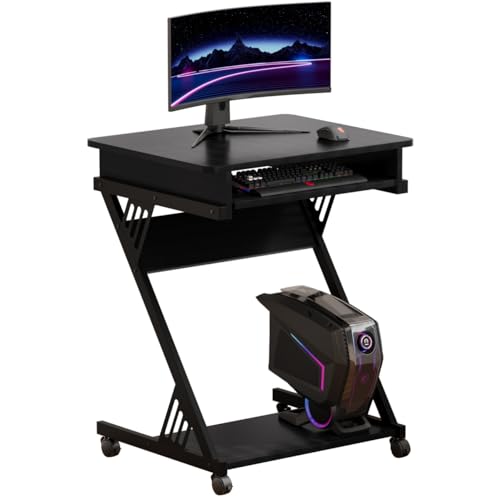 ALISENED 2 Tier Computer Desk with Keyboard Tray, 23.6" Home Office Desk Computer Workstation Rolling Study PC Laptop Table for Small Spaces,Z-Shaped Small Compact Study Table - color: Black