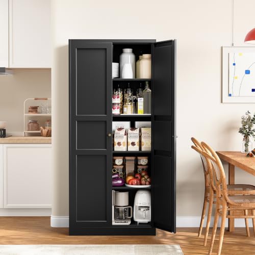 Metal Storage Cabinet with 2 Doors and 5 Adjustable Shelves - 71" Black Kitchen Pantry Storage Cabinet, 5-Tier Tall Steel Cabinet Locker for Kitchen, Living Room, Dining Room - color: Black, size: 71"- 5 Adjustable Shelves