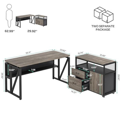 Tribesigns Grey Executive Desk with Cabinet, 55" L Shaped Computer Desk and lateral File Cabinet with Locks, 2 Piece Home Office Furniture Set for Hanging - color: Grey, size: 55 inches