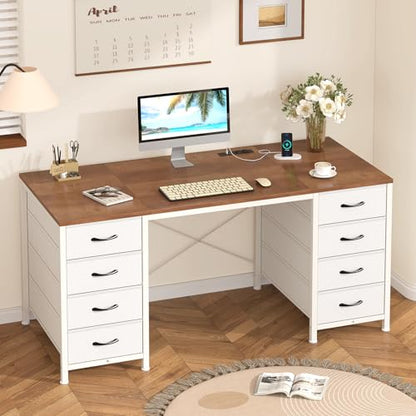 50 Inch Computer Desk with 8 Drawers for Home Office, Bedroom, Living Room - color: Brown and White, size: 18.9"D x 50.4"W x 29.3"H