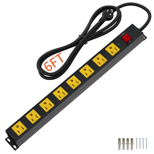 8 Outlet Metal Heavy Duty Long Power Strip, 2100J Surge Protector with 6 FT Extension Cord, Wide Spaced and Wall Mount Powerstrip for Home, Industrial, Workshop & Garage (6FT) - size: 6FT