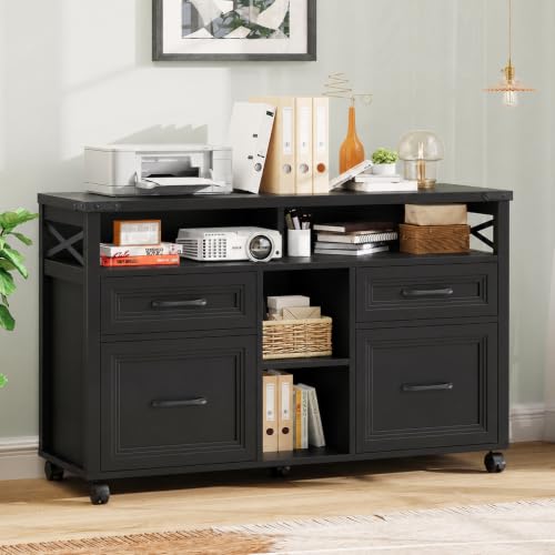 Halitaa Farmhouse Filing Cabinet with Adjustable Shelf & Wheels, Pure Black - color: Pure Black, size: 4 Drawers&Wheels