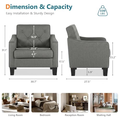 Grey Accent Chairs Set of 2, Wide Comfy Arm Chairs for Living Room, Office | STHOUYN Tufted Club Chair, Reading Chairs for Bedroom, Waiting Area Seating, Small Space Office Chairs, Supportive Wide Seat - color: Grey