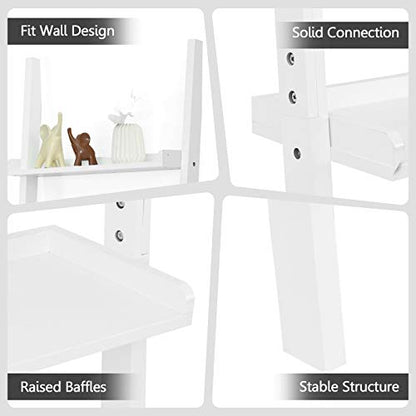 Tangkula 5-Tier Ladder Shelf, Wall-Leaning Bookshelf w/Open Shelves, Plant Flower Stand, Storage Display Organizer Rack, Multifunctional Bookcase for Living Room Home Office (White) - color: White