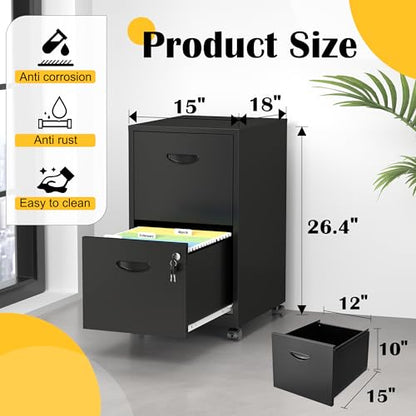 SteeLoong 2 Drawer File Cabinet,Metal Mobile File Cabinet with Lock Black | Filing Cabinet with Wheel,Vertical File Cabinet for Home Office,Under Desk Rolling File Cabinets for Hanging Letter/A4 - color: Black, style: 2 Drawer on Wheels
