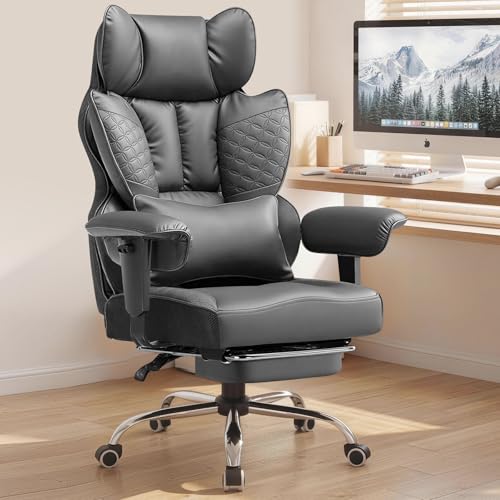 COMHOMA Big and Tall Office Chair Heavy Duty Gaming Chair with Deluxe Embossing Leather High Back Wider Ergonomic Computer Chair with Foot Rest 145°Reclining Pocket Spring Lumbar Support - color: Warm Gray