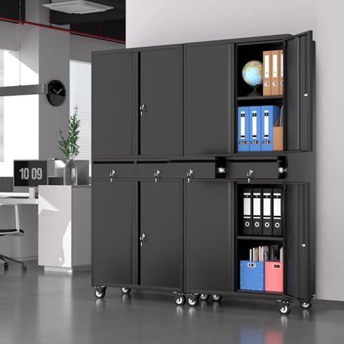 Metal Garage Storage Cabinet with 4 Wheels and 2 Drawers, 72" Heavy Duty Rolling Tool Storage Cabinet Organizer, Locking Doors and Adjustable Shelves for Garage, Workshop, Office, Warehouse