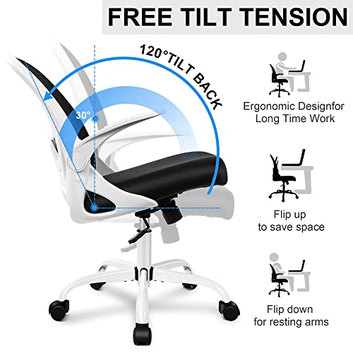 Office Chair Ergonomic Desk Chair with Flip up Armrests Swivel Breathable Desk Mesh Computer Chair with Adjustable Lumbar Support and Height for Conference Room (White) - color: White
