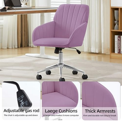 YITAI Velvet Office Desk Armchairs with Silver Base and Wheels,Modern Height Adjustable 360 Degree Swivel Upholstered Vanity Chairs for Living/Room Bedroom/Study,Light Purple - color: Silver Purple