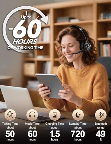 TECKNET Trucker Bluetooth Headset, Wireless Headset with Mic for Work, V5.2 Bluetooth Headphones with AI Noise Cancelling Microphone, 60H Battery, On-Ear Headphones for Call Center, Office, Drivers