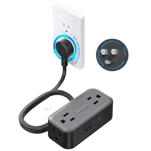 TROND 360° Rotating Flat Plug Power Strip 8ft, 4 Widely AC Outlets, Black - color: Black, size: 8FT