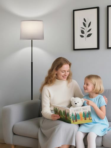 60" Modern Floor Lamp with Linen Shade, 3 Color LED Bulb & Foot Switch - color: Black & White Shade