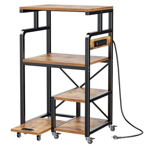 POKIPO 4 Tier Large Printer Stand Table with Power Outlet Adjustable Shelf | 26.7" x 21.2" x 50.2" Tall Cart,Fit 2/3 printers, Rolling with Wheels,Home Office Kitchen Stand,for 3D Printer Paper Shredder