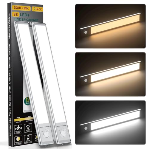 Soul Link 2-Pack 12" 88-LED Motion Sensor Under Cabinet Lights, Wireless | Button control, 2200mAh rechargeable batteries, magnetic mounting, dimming and 3 color modes for kitchen or closet. - size: 12inch - 2pack