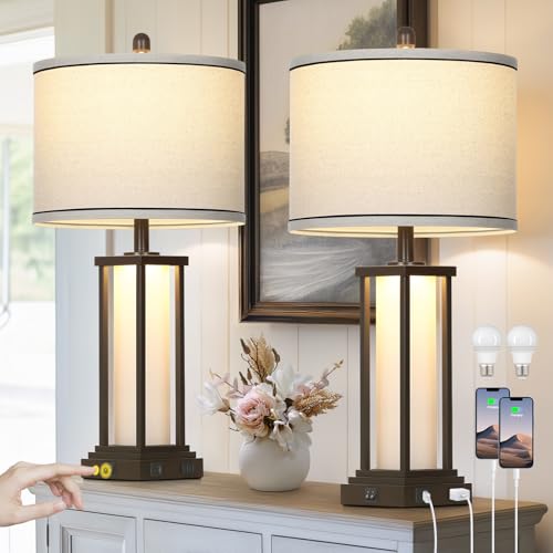 Cinkeda 27" Tall Vintage Table Lamps with USB C+A & Outlet,Brown End Table Lamp Set of 2 for Living Room,Rustic Bedside Lamps with Frosted Glass Night Light for Bedroom Nightstand,Oil-Rubbed Bronze - color: Oil-Rubbed Bronze