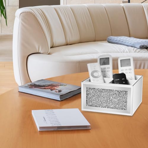 360 Rotating TV Remote Control Holder Caddy Storage for Table, Silver Bling Crushed Diamond Organizer for Pens and Pencils, Make Up Brushes