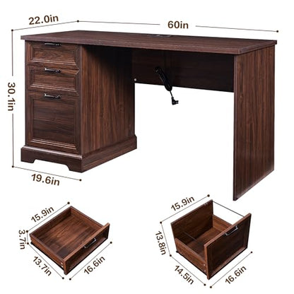60" Professional Office Desk with Charging Station,Business Desk with 2 Drawers &1 File Cabinet,Farmhouse Executive Desk for Office and Home (Dark Walnut) - color: Dark Walnut
