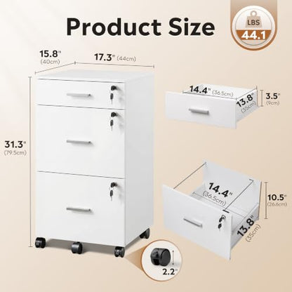 DEVAISE 3 Drawer File Cabinet with Lock & Wheels, Wood Printer Stand, White - color: White