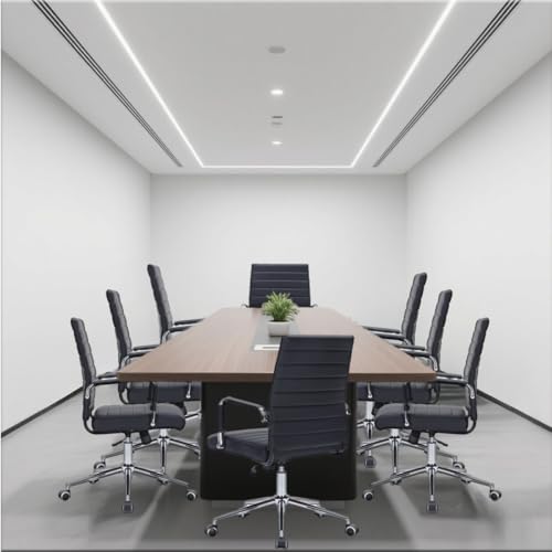 Black Leather Ribbed Office Mid-Back Desk Conference Chair with Wheels | Ergonomic Mid-Back Executive Chairs with Wheels Adjustable Swivel Computer Task Desk Chair with Arms and Thick Padded Seat - color: Black, size: Mid Back