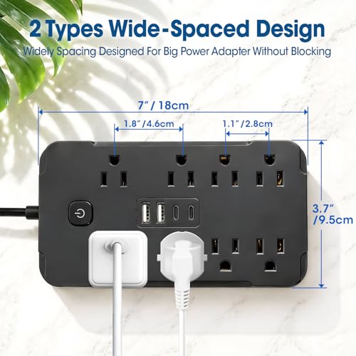 6 Feet Surge Protector Power Strip, 8 AC Outlets and 4 USB Ports (2 USB C), 1430W/11.5A, Flat Plug Extension Cord Outlet Extender for Office, Home, Black