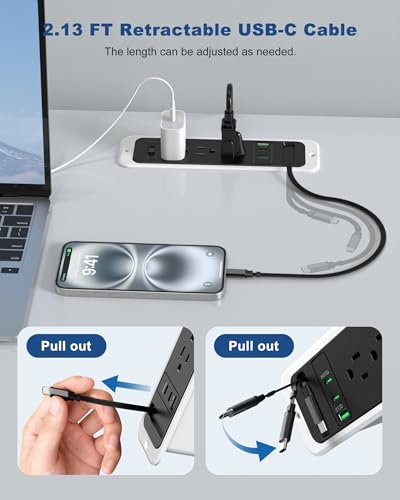 Recessed Power Strip with Retractable USB C Cable,2 PD 20W USB C,Flush Mount Countertop Drawer Outlet, Furniture Hidden Outlet for Side Table,End Table,3 Outlets (White and Black, 10FT-20W USB) - color: White and black, size: 10FT-20W USB