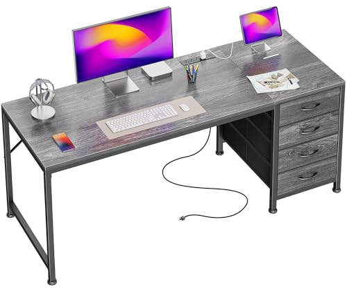 55.1 Inch Computer Office Desk with Power Outelts and USB-C Port, Reversible Gaming Desk with 4 Fabric Drawers, Work Study Desk Work from Home, Grey - color: Grey, size: 55 inch