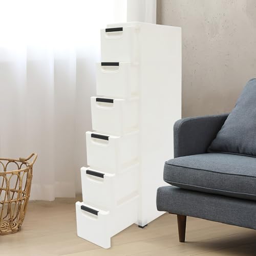 Plastic Storage Cabinet, 6 Drawers Rolling Organizer Cart with Wheels, Multifunctional Floor Cabinet, Narrow Mobile Slim Utility Cart for Living Room, Bedroom, Study, Office, Studio (White)