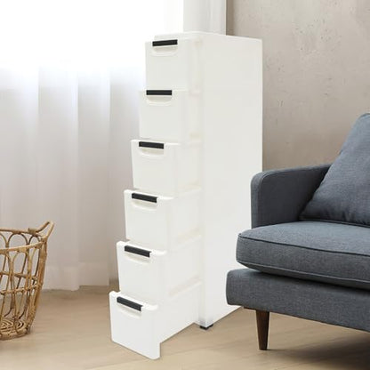 Plastic Storage Cabinet, 6 Drawers Rolling Organizer Cart with Wheels, Multifunctional Floor Cabinet, Narrow Mobile Slim Utility Cart for Living Room, Bedroom, Study, Office, Studio (White)