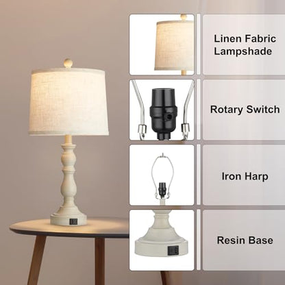 23'' Table Lamps Set of 2, Lamps for Bedroom, USB C+A Ports, Beige - color: D.Beige, Grey