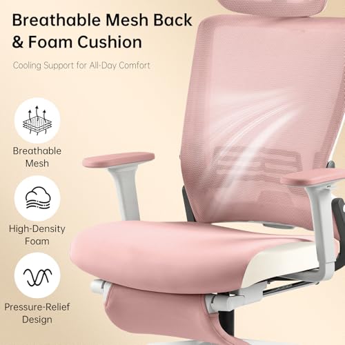 Ergonomic Foldable Office Chair with Footrest and Lumbar Support, Pink | Compact desk chair with space-saving folding design, 2D headrest, 2D armrests, computer cahirs for home office - color: Pink