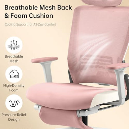 Ergonomic Foldable Office Chair with Footrest and Lumbar Support, Pink | Compact desk chair with space-saving folding design, 2D headrest, 2D armrests, computer cahirs for home office - color: Pink