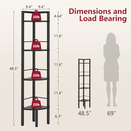 Tajsoon Small Corner Shelf Stand 4 Tier 48.5" with Metal Frame, Black - color: Black, size: 4 Tier