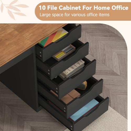 YOMILUVE 55 Inch Computer Desk with 10 Drawers and Outlets for Home Office - color: Brown and Black, size: 55inch-10drawers