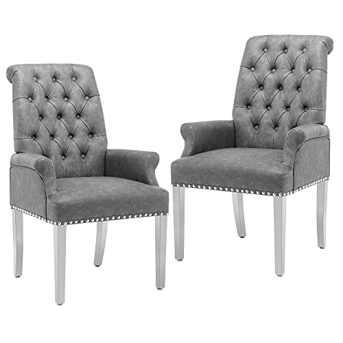 LOULENS PU Leather Dining Chairs Set of 2, Dining Chairs with Arms, Grey | Upholstered, High Back, Tufted, Luxurious, Stainless Steel Leg, for Kitchen & Dining Room - color: Pu, size: 2 PCS