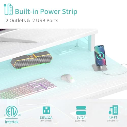 Lufeiya Small White Desk with LED Lights and Power Outlets, 32 Inch Home Office Computer Desks with Monitor Stand, Teen Writing Study Table Gaming Desk with Charging Station, White - color: White, size: 31.5"